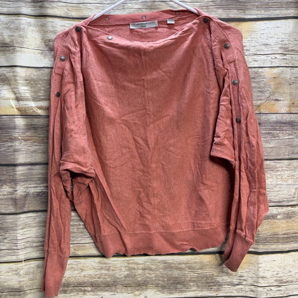 AllSaints Elle Jumper Coral Pink Cotton Snap Shoulder Knit Sweater Small WK010L